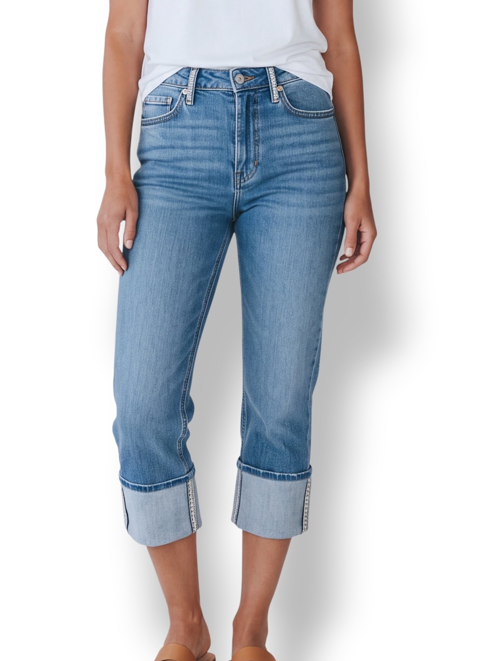 4/$20 Bisou Bisou Rhinestone Cuff Cropped Stretch Jeans Blue Size 12